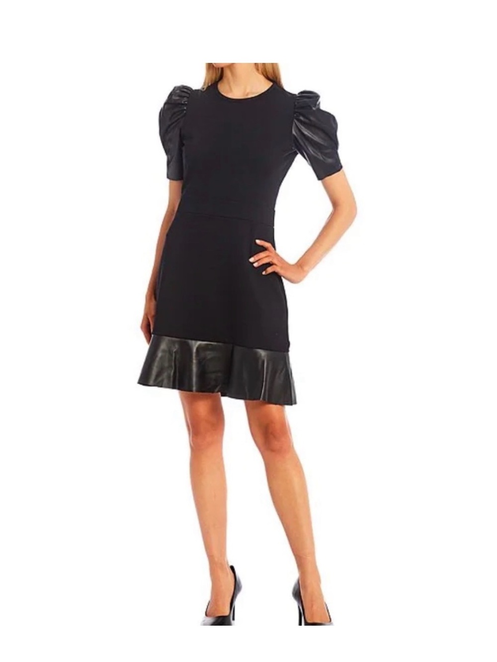 Michael Kors  Puff Sleeve Dress with Leather-Trim Hem